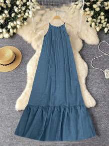 SHEIN Unity Solid Ruffle Hem Halter Dress Without Belt