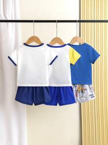 Set de 2 piezas de top de manga corta y pantalones cortos con estampado de coche lindo para bebés niños, 3 paquetes, verano - Azul - Ver 2