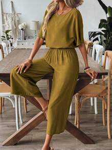 SHEIN JORESS Holiday Casual Round Neck Loose Fit Linen-Look Shirt And Long Pants Two-Piece Set - Mustard Yellow - View 3