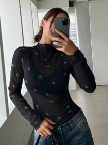 DAZY 女士夏季蝴蝶结印花立领长袖休闲衬衫外出上衣透明、返校服装、秋季女装 - 黑與白 - 查看 2