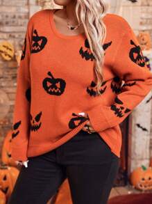 SHEIN LUNE Áo len chui đầu cổ tròn cỡ lớn in hình Halloween - trái cam - Xem 5