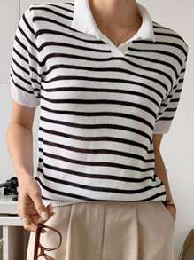 DAZY Women's Casual Colorblock Striped Short Sleeve Knit Blouse, Spring Summer - Black and White - View 6