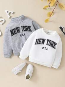 SHEIN 2 件套幼儿男童/女童字母印花高领长袖运动衫和运动夹克套装，适合日常穿着、上学、旅行和运动、秋冬季 - 彩色 - 查看 7