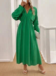 SHEIN Clasi Vestido verde largo de manga larga y escote en V suelto para mujeres - Verde - Ver 3