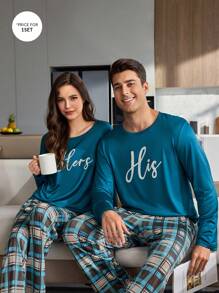 Men's Casual Plaid Print Top & Pants Homewear Two-Piece Set, Fall Winter Clothes