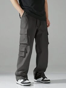 Manfinity Hypemode Quần Cargo cạp chun rút nhiều túi màu trơn cho nam, quần ống rộng ống đứng thường ngày, quần Cargo có túi, màu xám, dành cho mùa thu - Màu xám đen - Xem 4