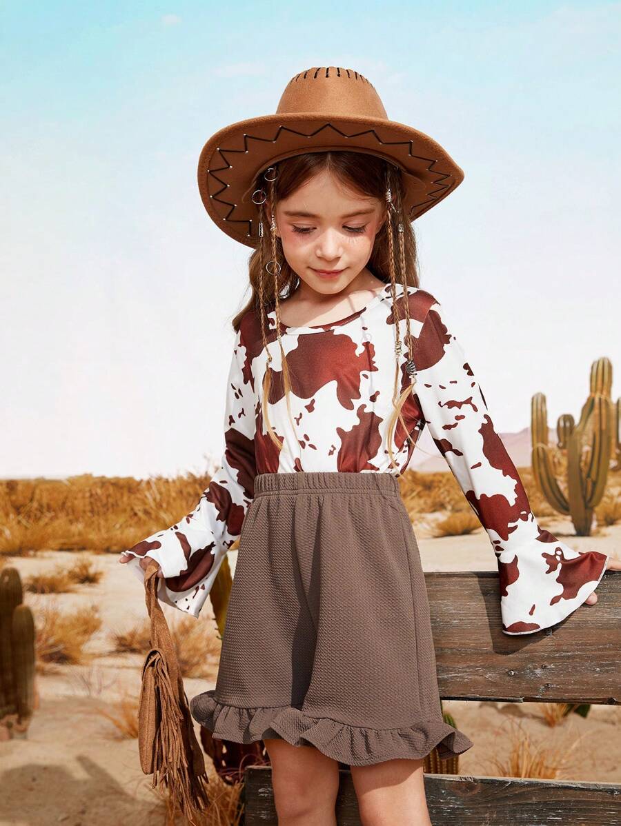 SHEIN 2pcs Young Girl's Round Neck Long Sleeve Allover Print Blouse And Ruffle Hem Shorts Cowgirl Set - Coffee Brown - View 1