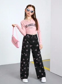 Sparklyn Tween Girl 阔腿牛仔裤 蝴蝶印花 时尚休闲裤 长裤 - 黑色 - 查看 10