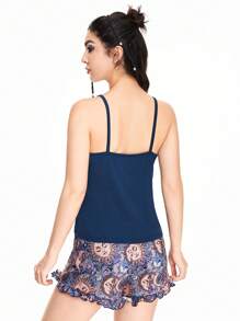 ROMWE Fairycore Bộ đồ ngủ in họa tiết áo dây mảnh phong cách Hippie dành cho nữ và quần short viền bèo nhún - Nhiều màu - Xem 5