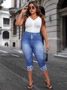 EMERY ROSE Plus Denim-Effect & Floral Print Summer Outfits Leggings,Spring - Blue and White - View 3