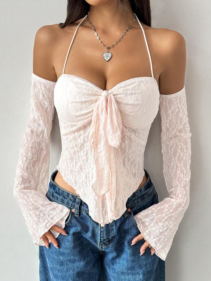 Flirla Blusa de mujer elegante de unicolor con mangas acampanadas de encaje y hombros descubiertos con cuello halter, para verano - Rosa - Ver 1