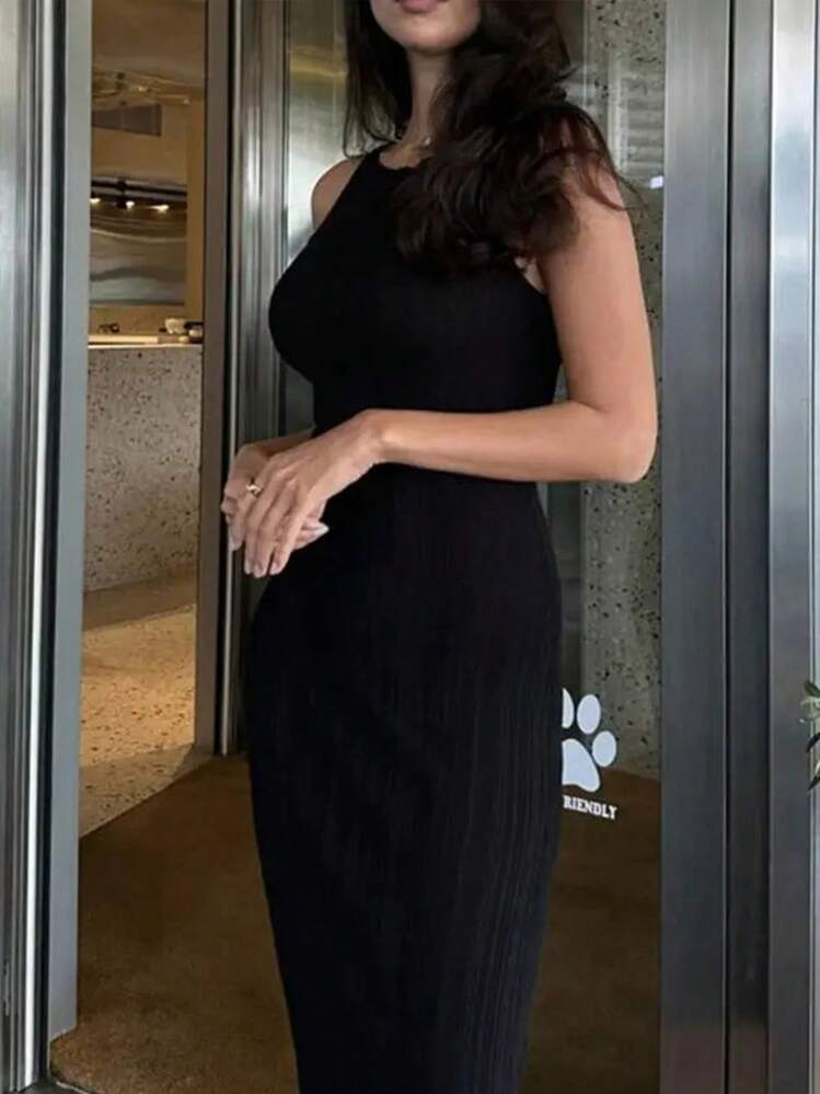 Chiquease 女士圆领无袖优雅法式纯色荷叶边下摆连衣裙 - 黑色 - 查看 1