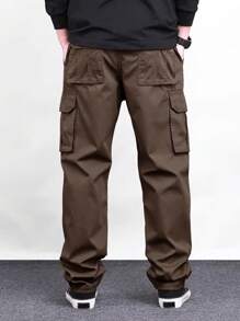 Manfinity Homme Men's Solid Color Cargo Pocket Straight Loose Casual Trousers, Fall - Coffee Brown - View 2