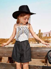 SHEIN 2 Packs For Young Girl, Style Pattern Design, Square Scarf Tube Top With Inner Chest Wrap Bellyband, Short Suspender Top + Solid Color Denim Work Shorts - Black and White - View 5