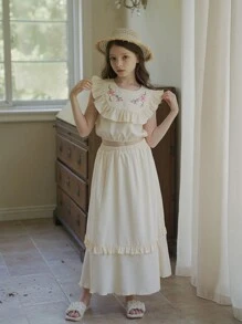 2 Chiếc Tween Girl Thêu Hoa Xù Áo Không Tay Và Váy Maxi Xù Trang Phục Phong Cách Đồng Quê - Rượu sâm banh - Xem 4