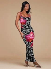 SHEIN BAE Dopasowana sukienka na ramiączkach typu spaghetti w panterkę, na co dzień dla kobiet, lato