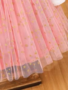 SHEIN Toddler Girls' Sweet  Elegant Cute Big Bow Rabbit Ear Sparkling Star Tulle Party Dress, Suitable For Outings, Shopping, Vacation, Daily Wear, Spring, Fall, Winter, Sweet  Girly Style Long Sleeve Dress - Pink - View 3