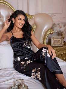 LuxeNights Floral Print Contrast Piping PJ Set / Pajama Set