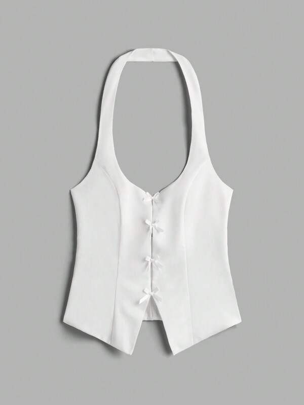 SHEIN EZwear Women's Solid Color Bow Neck Tank Top Vest For Summer