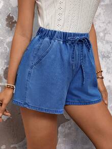 SHEIN LUNE Quần short denim dáng rộng có dây buộc eo dành cho nữ - Rửa tối - Xem 2