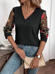 SHEIN Clasi Women's Spring & Summer Casual Flower Embroidered Mesh Contrast Blouse - Black - View 3