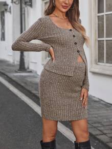 SHEIN 2pcs Maternity Solid Button Front Shirt And Skirt Casual Outfit - Mocha Brown - View 6
