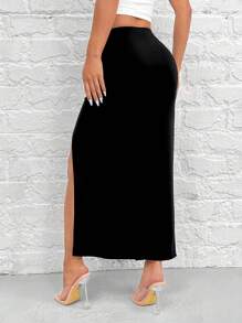 SHEIN PETITE 黑色及膝長度皺褶裙，前開叉設計 - 黑色 - 查看 2