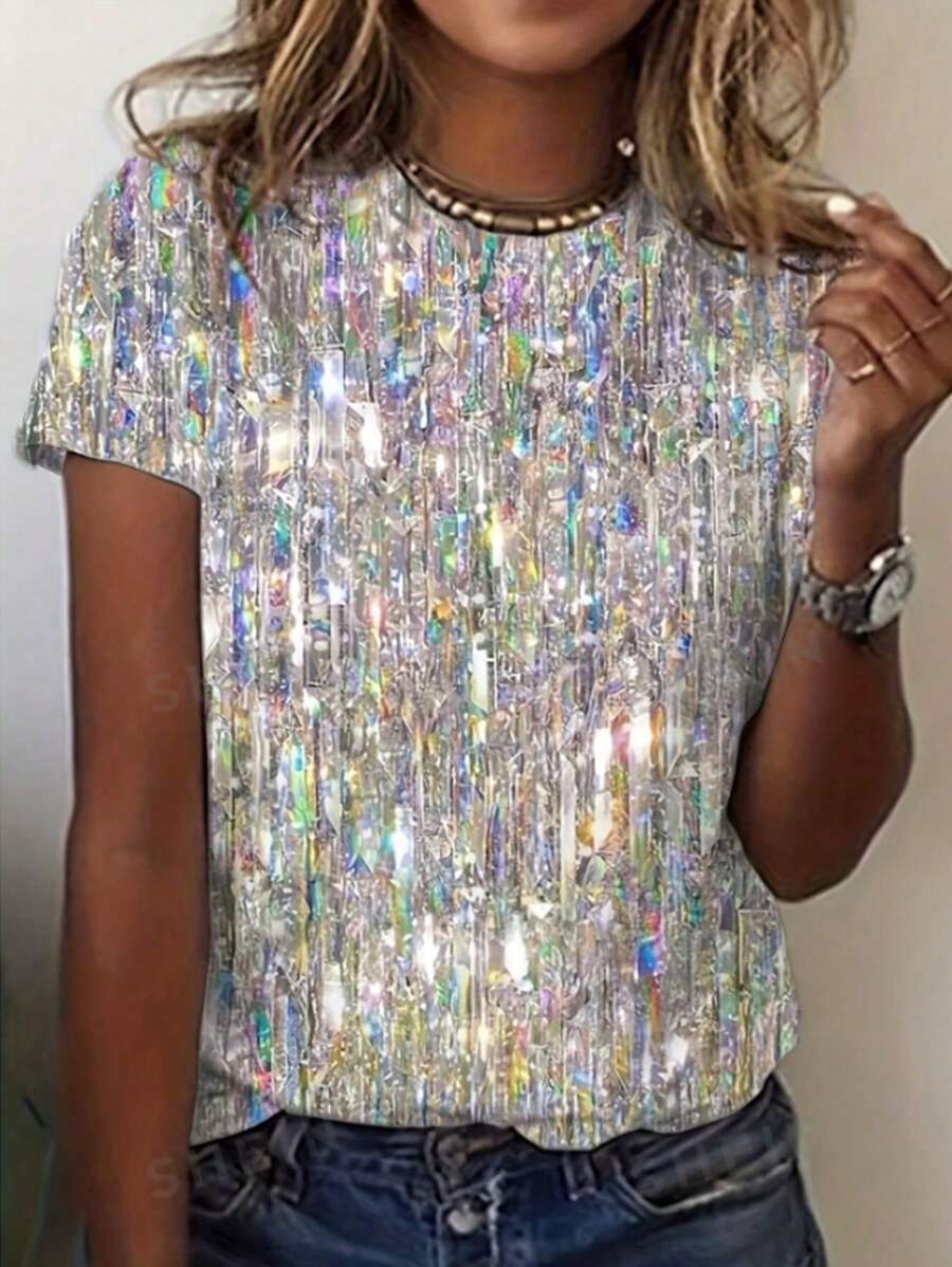 SHEIN LUNE 大码休闲水钻印花圆领 T 恤