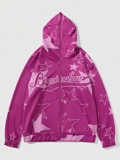 Street Life Sudadera con capucha casual de manga larga con cremallera, estampado de estrellas, para uso diario y escolar de hombre