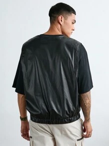 Manfinity VCAY 男士时尚休闲 PU 皮革无袖前开背心，适合秋冬 - 黑色 - 查看 2