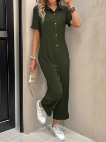 SHEIN LUNE Women's Solid Color Short Sleeve Loose Casual Jumpsuit With Front Button Design, Summer - Dark Green - View 5