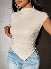 SHEIN SXY Summer;Women Spring Solid Color Asymmetric Hem Knitted T-Shirt