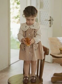 SHEIN Vintaside Kids 2pcs Baby Girl Embroidered Romper & Overall Dress Set, Spring & Fall - Khaki - View 4