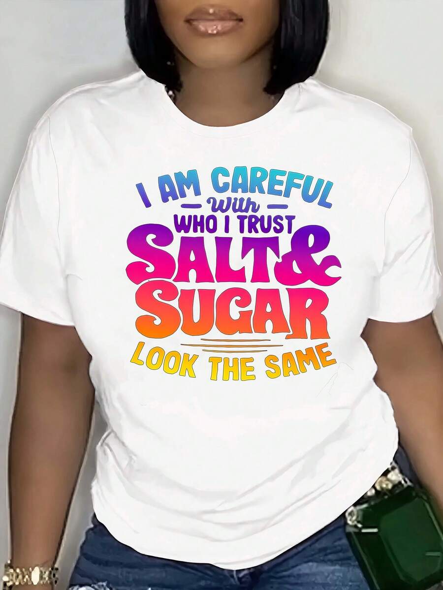 Letter Print Women Short Sleeve Round Neck T-Shirt - White - View 1