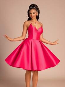 Women's New Fashionable Strapless Solid Color Backless Criss-Cross Zipper Formal Dress - Hot Pink - View 7