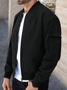 Manfinity Homme 男士拉鍊式休閒長袖夾克 - 黑色 - 查看 3