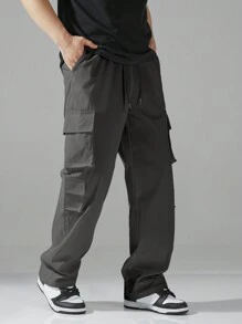 Manfinity Hypemode Quần Cargo cạp chun rút nhiều túi màu trơn cho nam, quần ống rộng ống đứng thường ngày, quần Cargo có túi, màu xám, dành cho mùa thu - Màu xám đen - Xem 5
