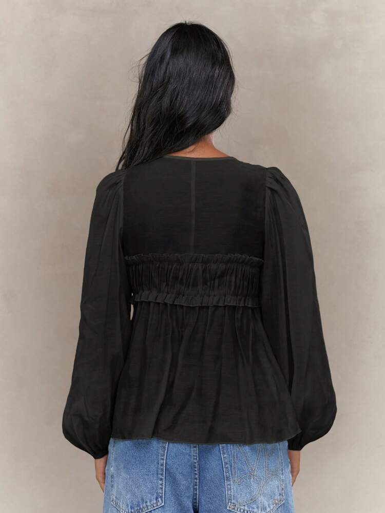 MISSGUIDED Sheer Ruched Bust Balloon Sleeves Shirt Blouse