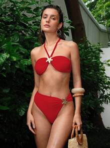 MOTF PREMIUM GOLD FLORAL DETAIL TIE BACKLESS HALTER BIKINI SET SUMMER BEACH