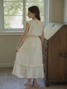 2 Chiếc Tween Girl Thêu Hoa Xù Áo Không Tay Và Váy Maxi Xù Trang Phục Phong Cách Đồng Quê - Rượu sâm banh - Xem 2