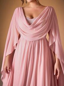 Vestido Longo de Festa de Formatura Semi-Formal para Convidados de Casamento, Elegante com Mangas Longas, Capa de Manga Pedra Pérola Lantejoula, Decote Drapeado, Vestido de Plus Size de Renda de Seda para Aniversário, Formatura, Homecoming - Damasco - Visão 6
