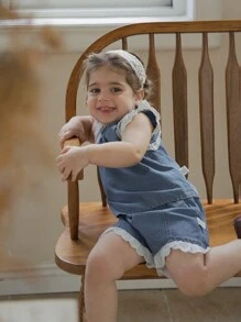 SHEIN 2022新款女婴牛仔荷叶边设计两件套，夏季女婴短裤和薄衬衫套装 - 藍色 - 查看 4