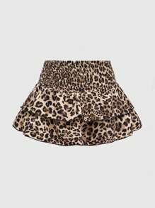 ROMWE Grunge Punk Y2K Harajuku Leopard Print Ruched Ruffle Hem Mini Skirt With Underlayer Shorts - Brown - View 2