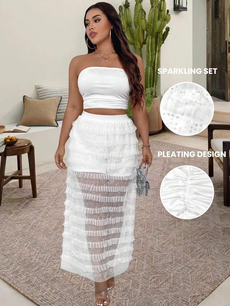 SHEIN Clasi Plus Solid Tube Top & Frill Trim Sequin Mesh Skirt For Summer - White - View 1