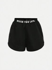 Tween Girls Loose Street Style Shorts With Side Hollow Mesh Double-Layered Anti-Light Printing Letter Belt - Black - View 1