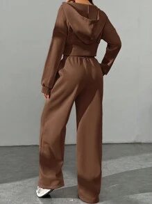 SHEIN EZwear 女式春季时尚粉色拉链连帽运动衫和裤子两件套 - 棕色 - 查看 5