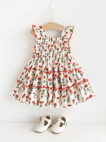 Cozy Pixies Baby Girl Floral Print Ruffle Hem Waist Cinched Dress - Redwood - View 1
