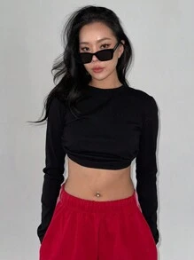 DAZY Camiseta de mujer de unicolor con espalda descubierta y lazo, top halter, volantes, ropa de otoño con mangas largas