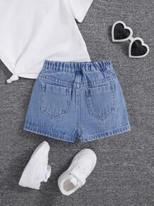 SHEIN Pantalones cortos de mezclilla de unicolor con botón delantero, cruzado, borde asimétrico para niña joven