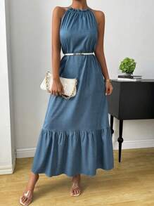 SHEIN Unity Solid Ruffle Hem Halter Dress Without Belt